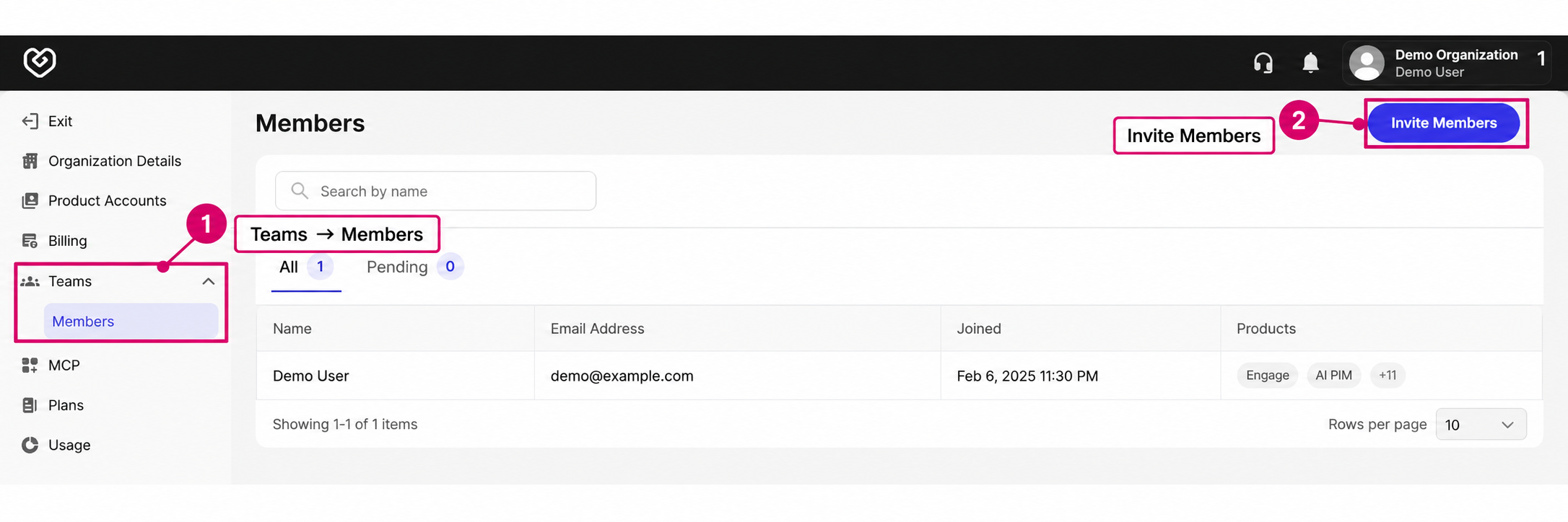 Teams, Members, and Invite Members highlighted using demo organization and user details