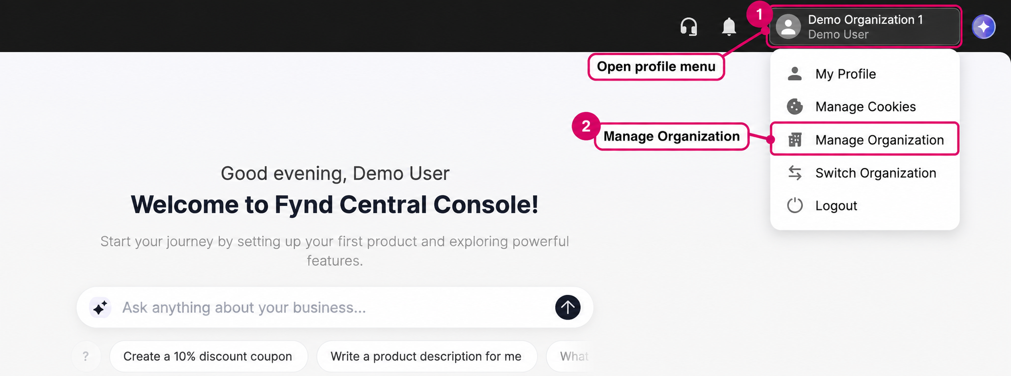 Profile menu and Manage Organization highlighted in Fynd Console