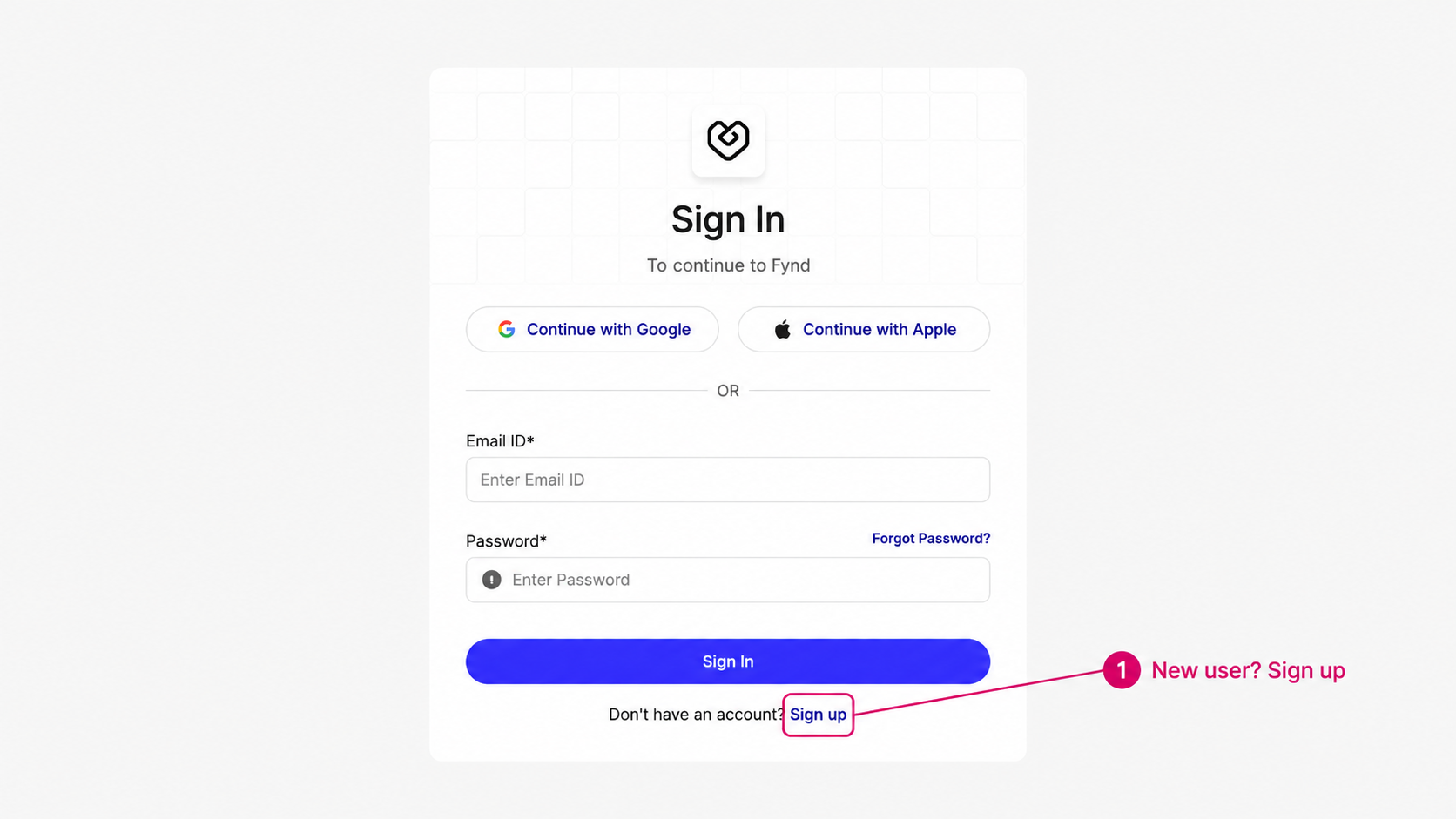 Sign Up highlighted on the Fynd Console sign-in page