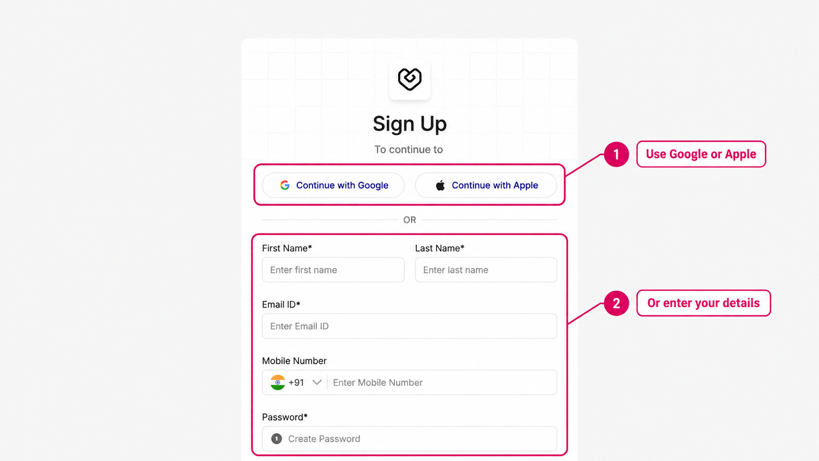 Social signup options and personal-details fields highlighted