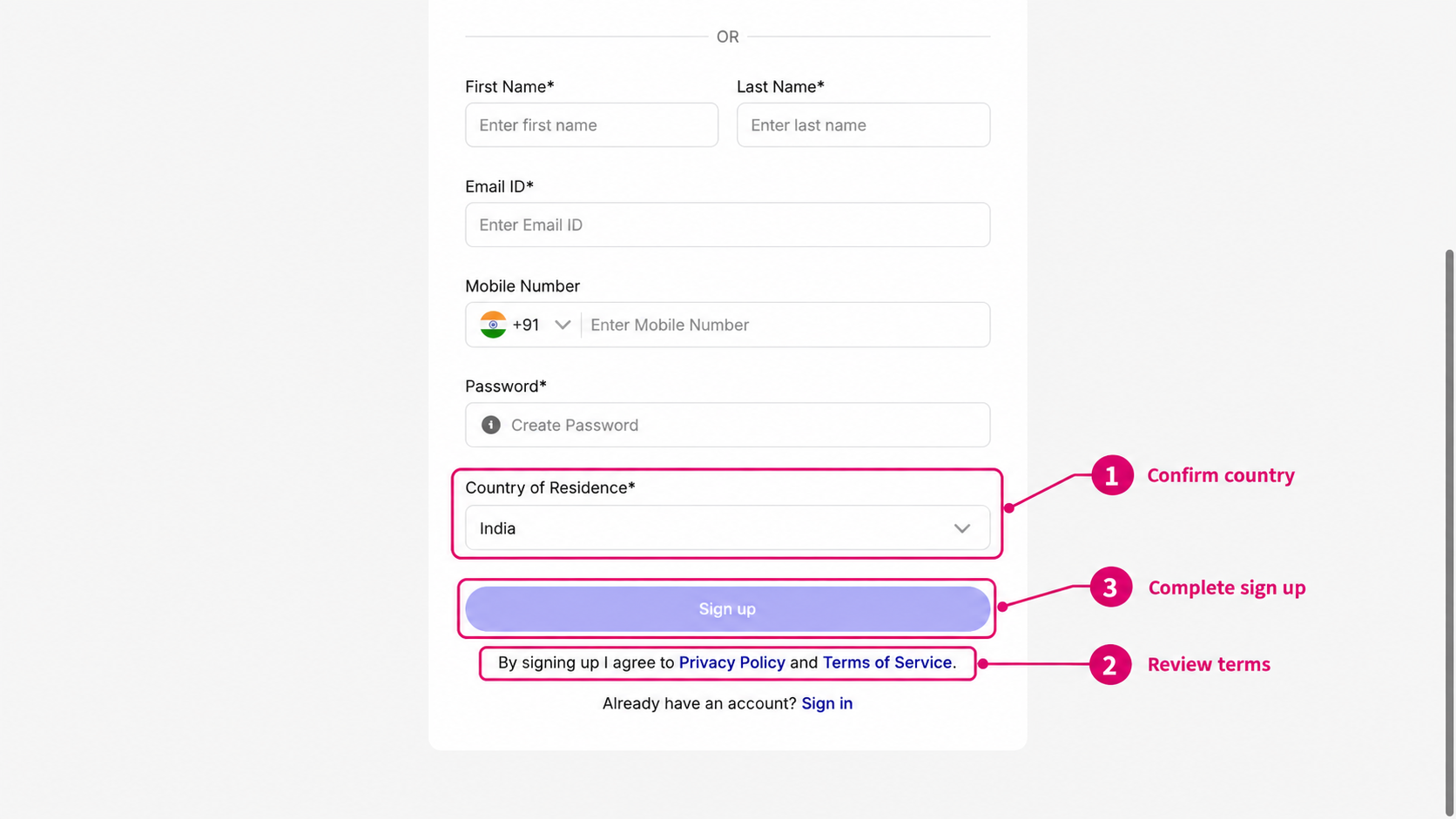 Country, policy links, and Sign up highlighted