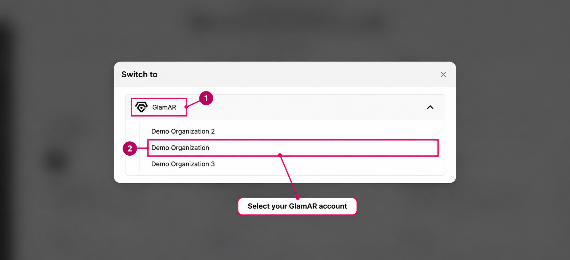GlamAR and the example Demo Organization account highlighted in the account selector