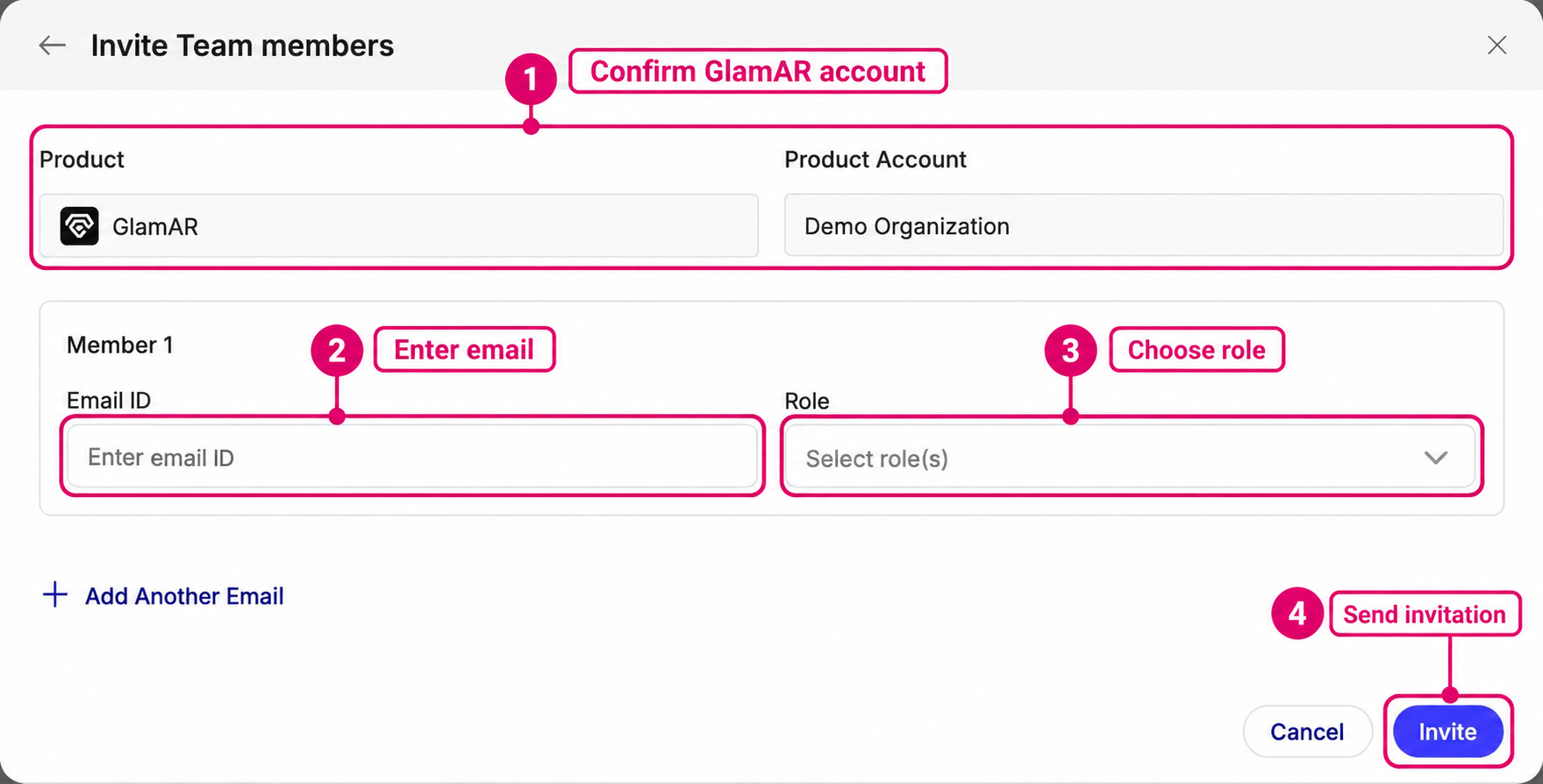 GlamAR account, Email ID, Role, and Invite highlighted using Demo Organization