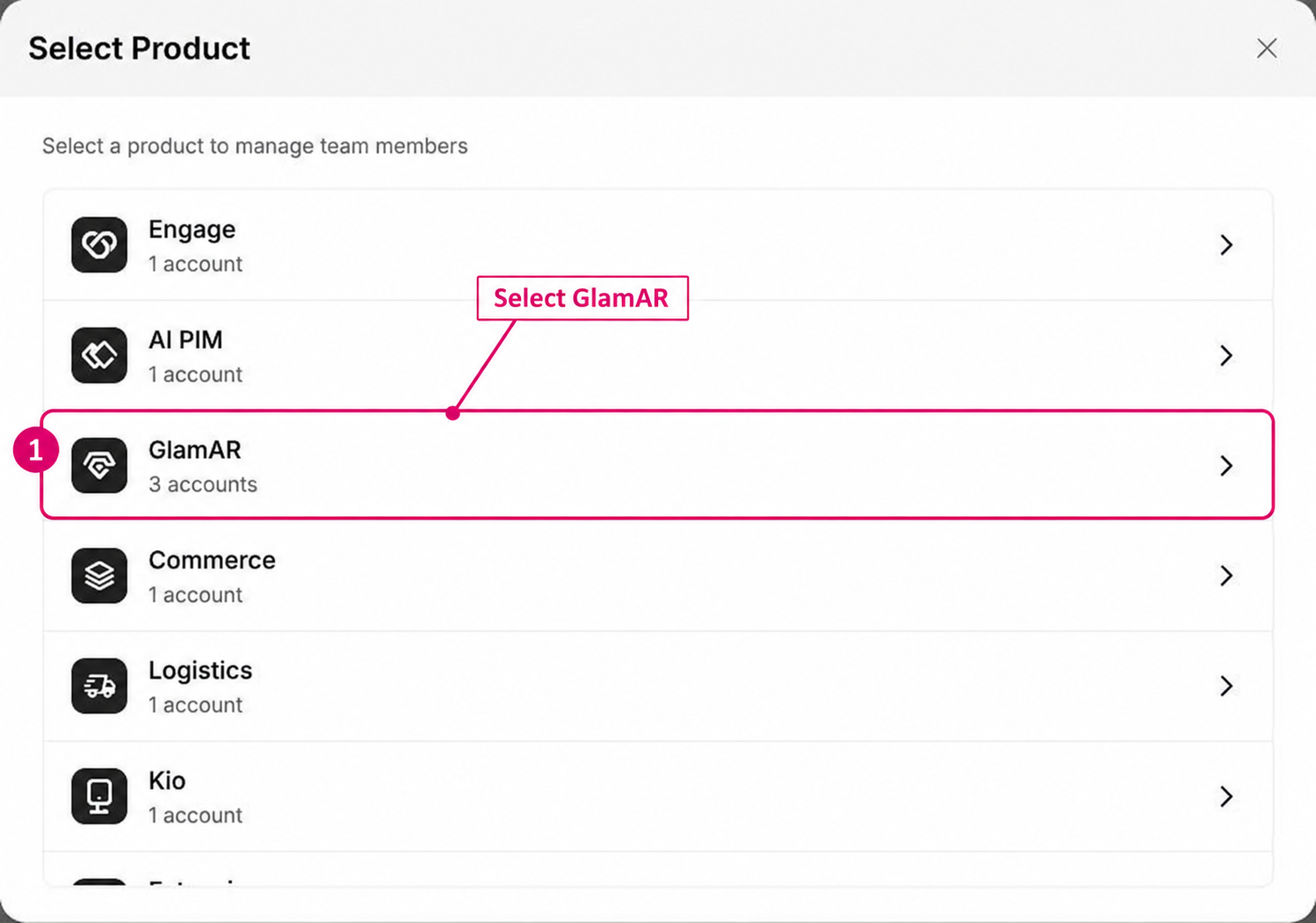 GlamAR highlighted in the team invitation product selector